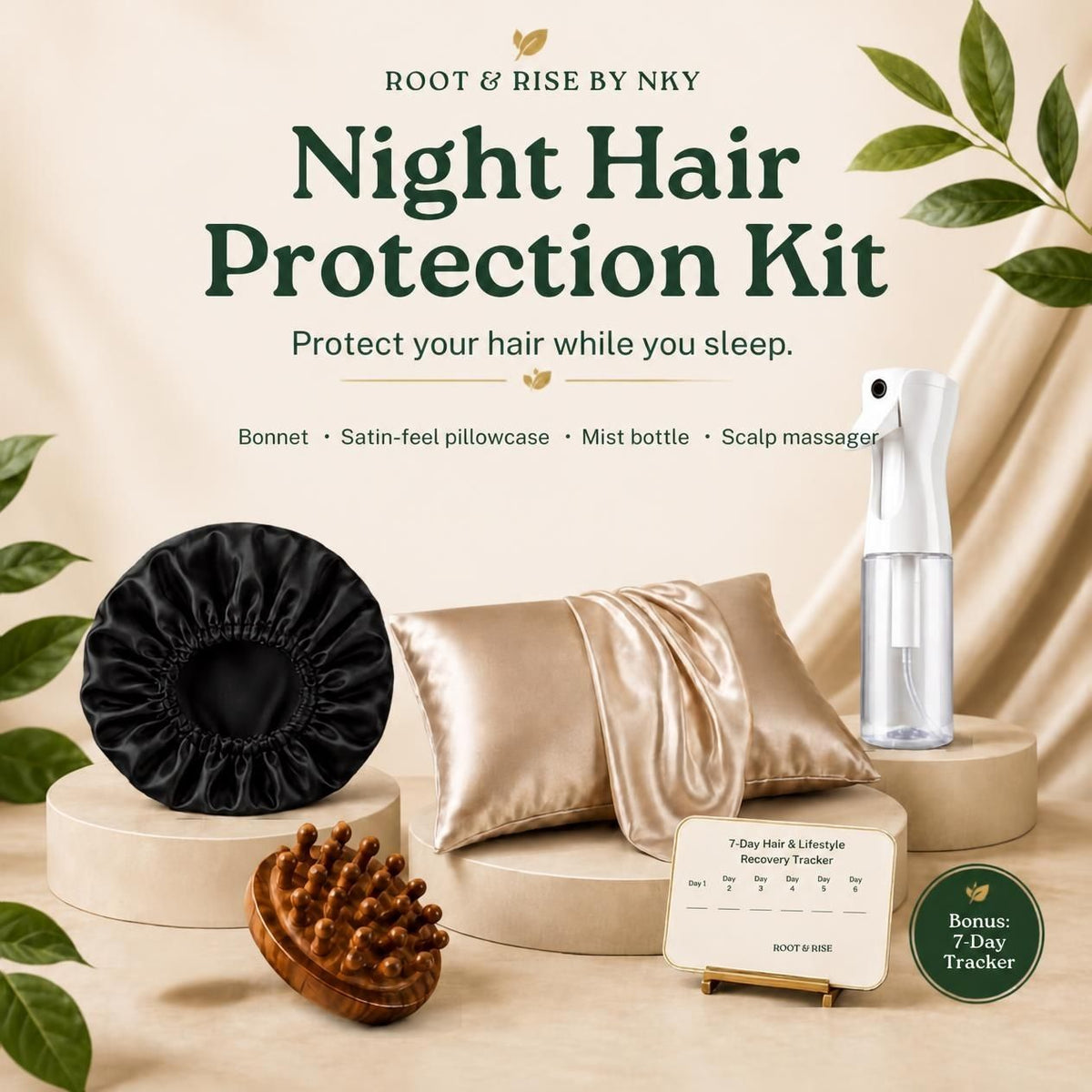 Root & Rise Night Hair Protection Kit with a black satin-feel bonnet, champagne pillowcase, fine-mist spray bottle, wooden scalp massager and 7-Day Hair and Lifestyle Recovery Tracker.
