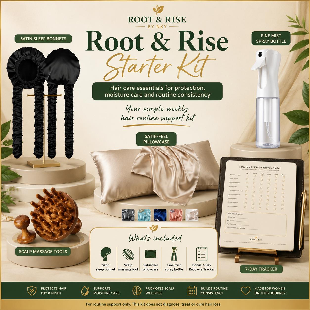 Hair Care Starter Kit with Satin Bonnet, Scalp Massager & Spray Bottle